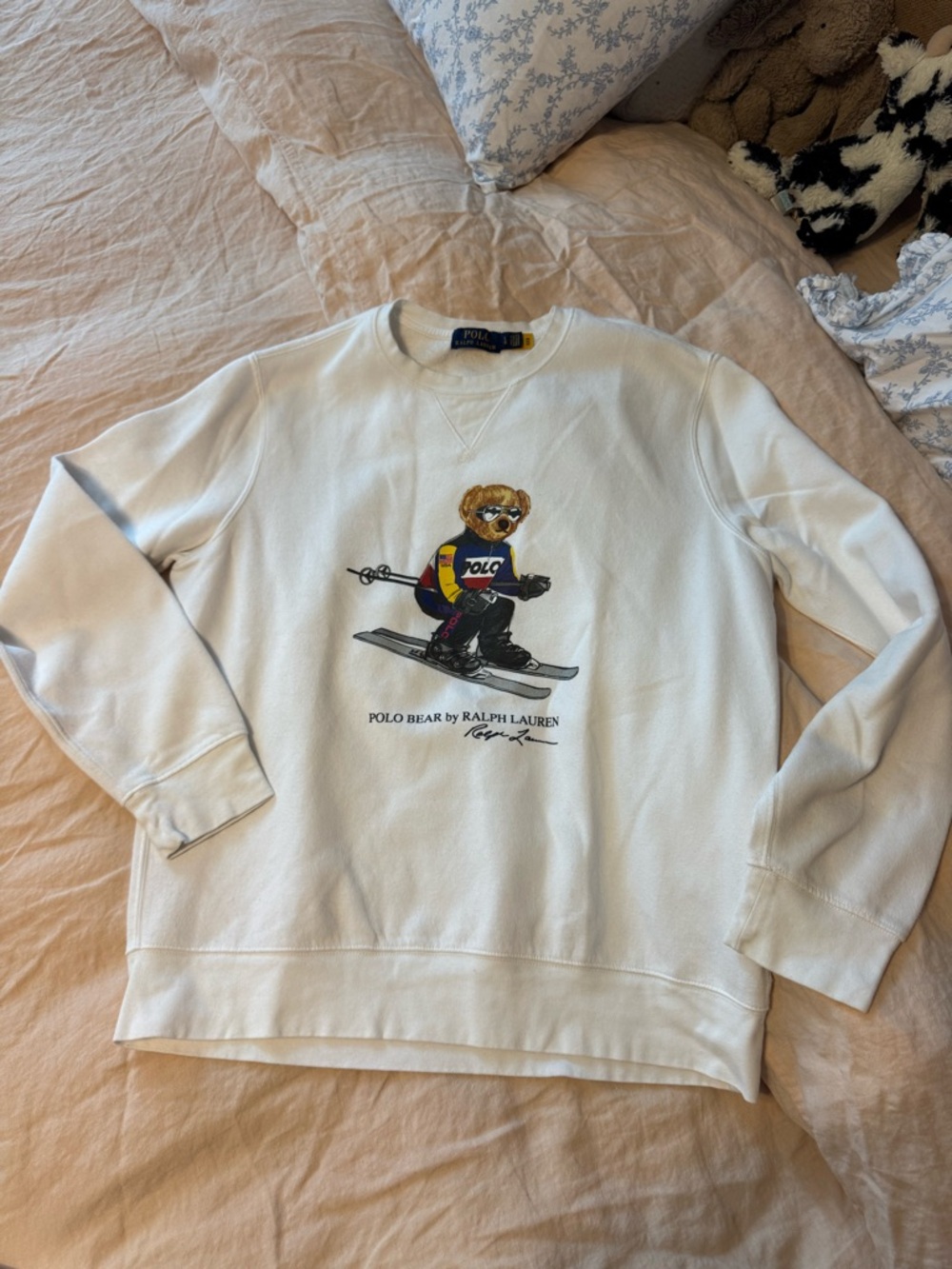 Ralph Lauren White Crewneck with Skiing Polo Bear Graphic